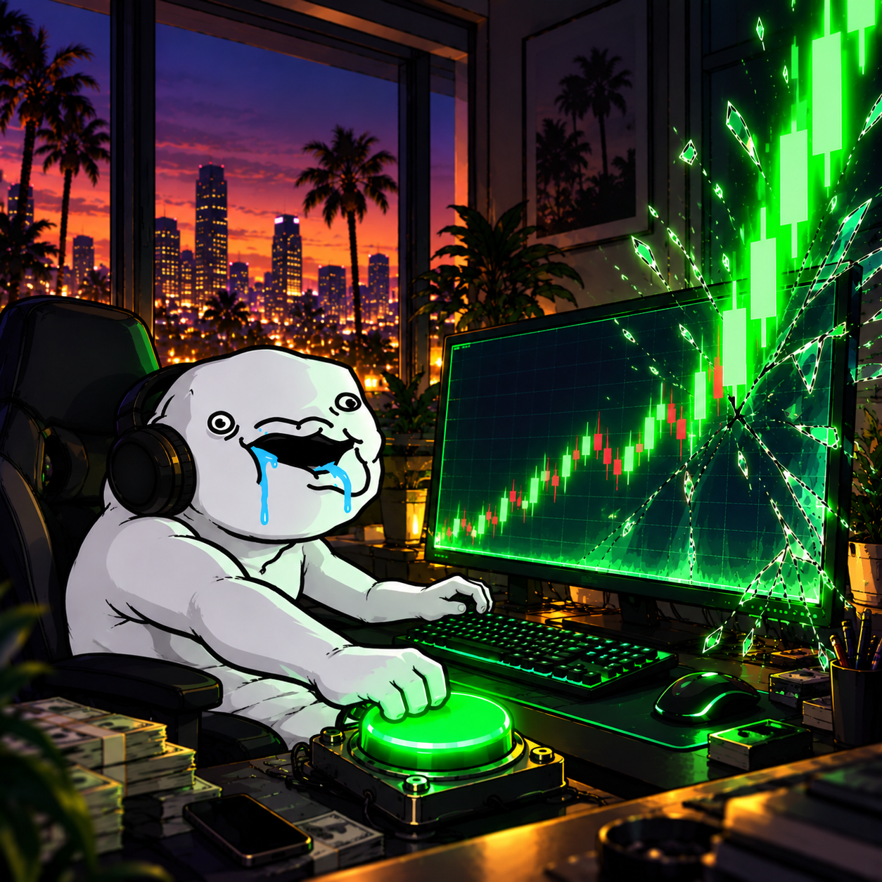 The Holder presses a green button while a chart bursts from his monitor